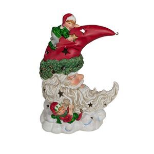 Vintage Ceramic Half Moon Santa & Elf Simulated Candle Light Up Christmas Decor